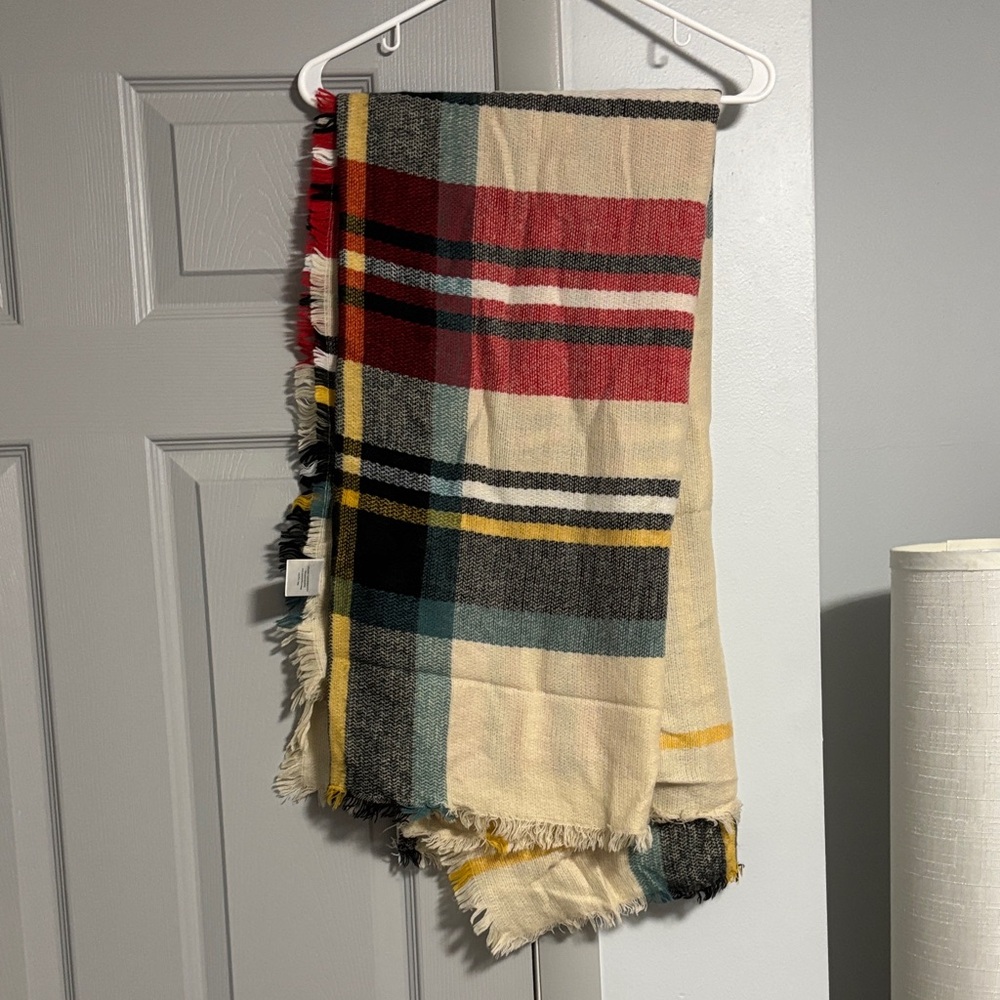 Plaid Fringe Blanket Scarf in Cream, Red, Teal & Black
